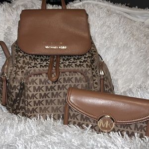 Michael Kors Abbey Large Logo Set Jacquard and Leather Backpack and Wallet